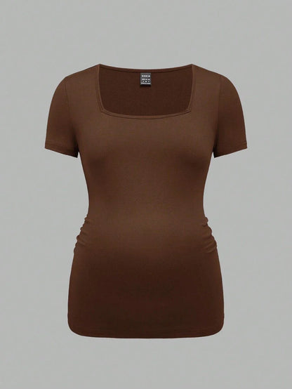 3-Piece Maternity Ribbed Knit Short Sleeve T-Shirt Set - Black White Gray Scoop Neck Fitted Pregnancy Basics