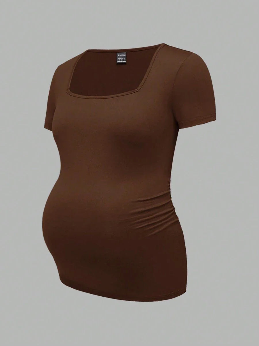 3-Piece Maternity Ribbed Knit Short Sleeve T-Shirt Set - Black White Gray Scoop Neck Fitted Pregnancy Basics