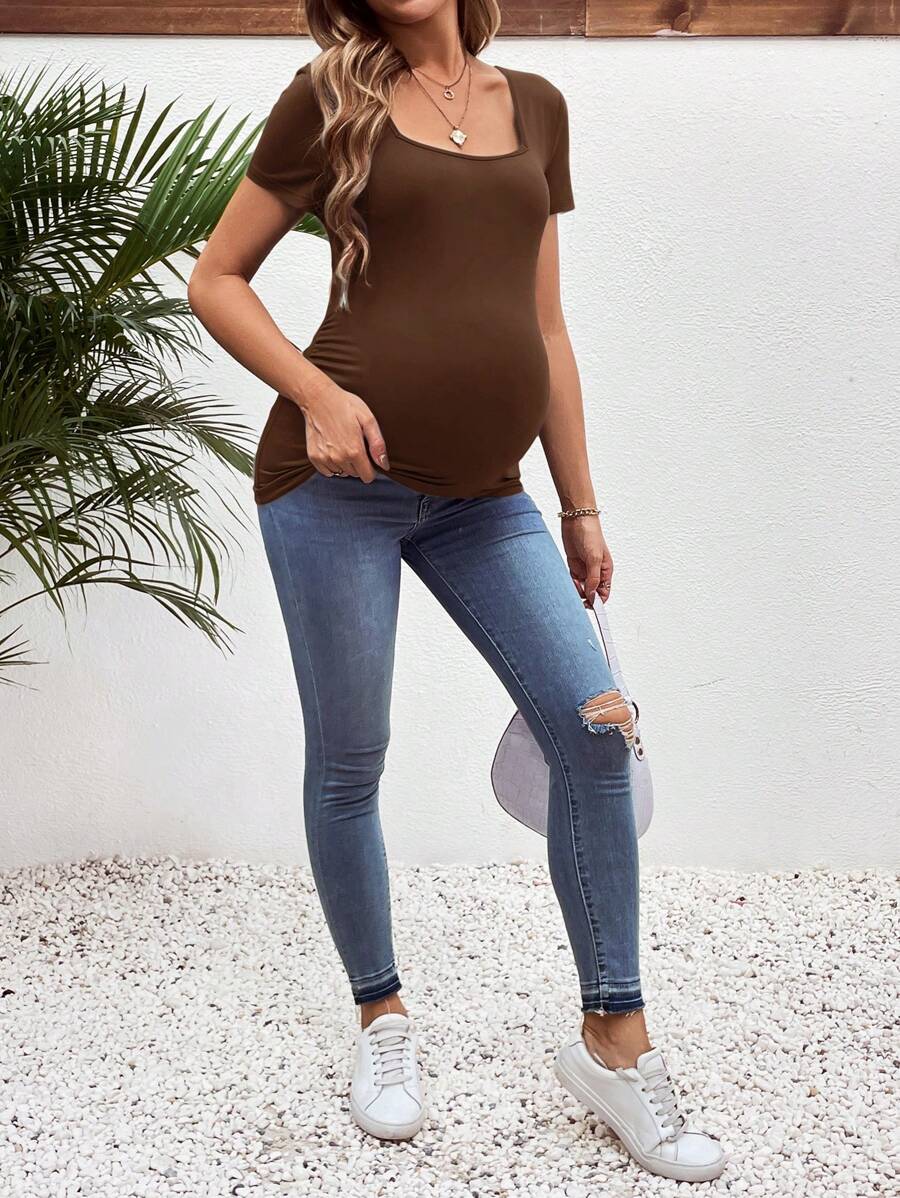 3-Piece Maternity Ribbed Knit Short Sleeve T-Shirt Set - Black White Gray Scoop Neck Fitted Pregnancy Basics