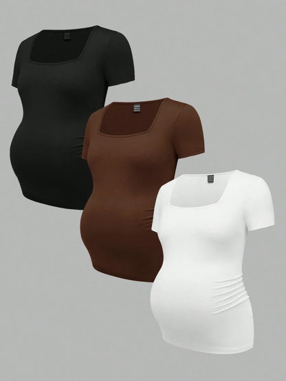 3-Piece Maternity Ribbed Knit Short Sleeve T-Shirt Set - Black White Gray Scoop Neck Fitted Pregnancy Basics