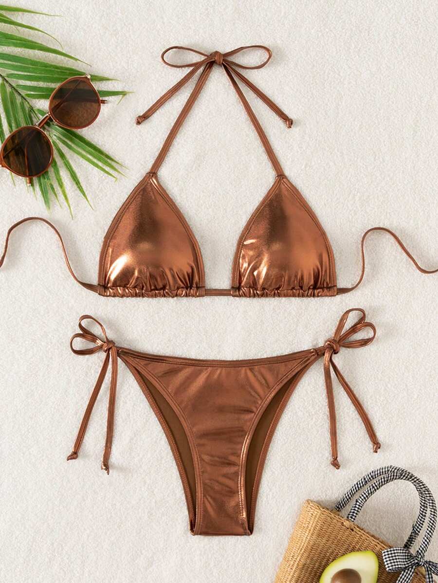 Swim Vcay Solid Color Halter Twist Split Bikini Set For Summer Beach Vacation