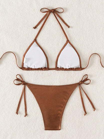 Swim Vcay Solid Color Halter Twist Split Bikini Set For Summer Beach Vacation