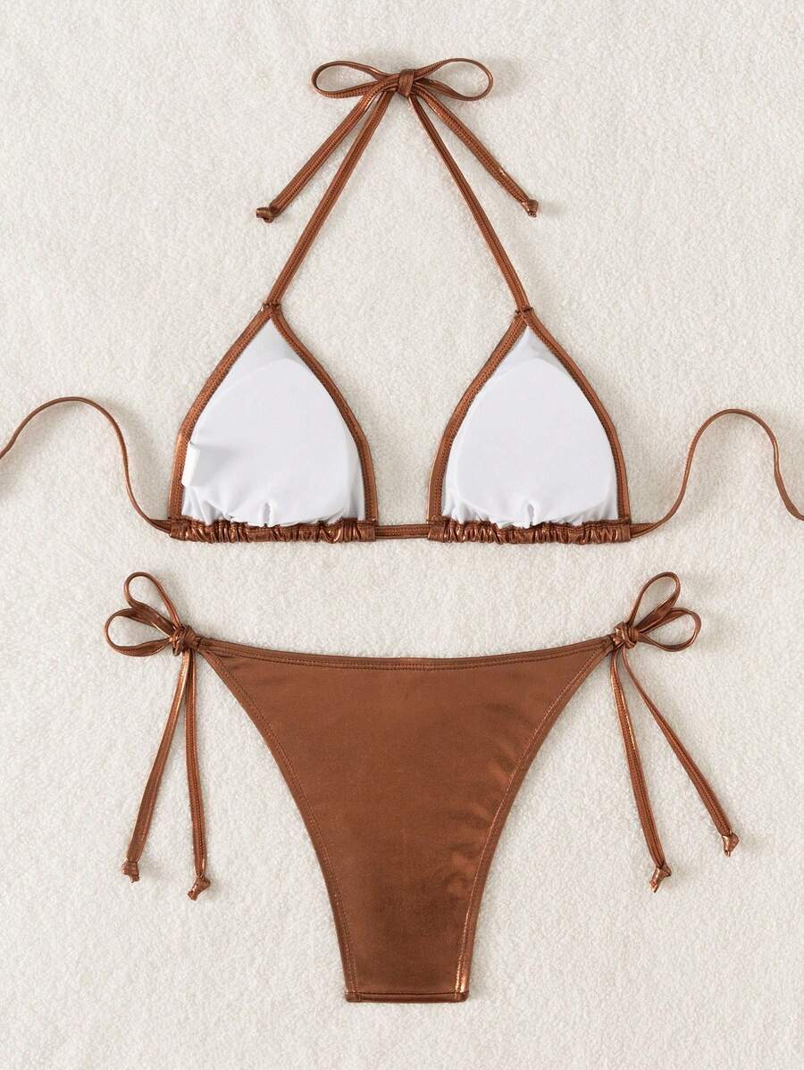 Swim Vcay Summer Beach Metallic Halter Triangle Tie Side Bikini Set