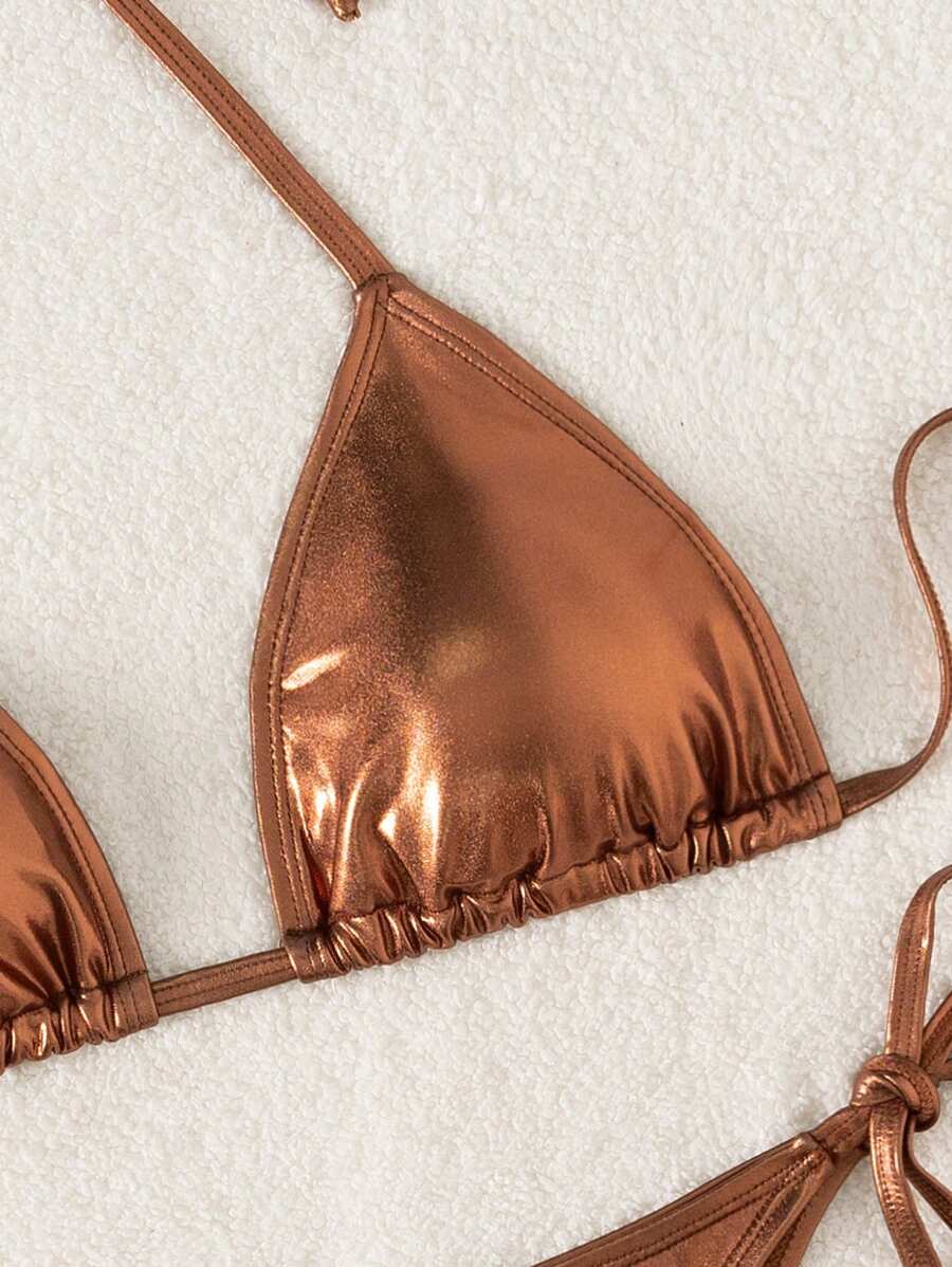 Swim Vcay Solid Color Halter Twist Split Bikini Set For Summer Beach Vacation