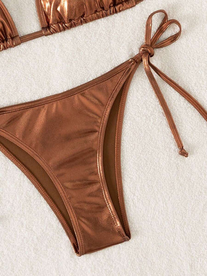 Swim Vcay Solid Color Halter Twist Split Bikini Set For Summer Beach Vacation