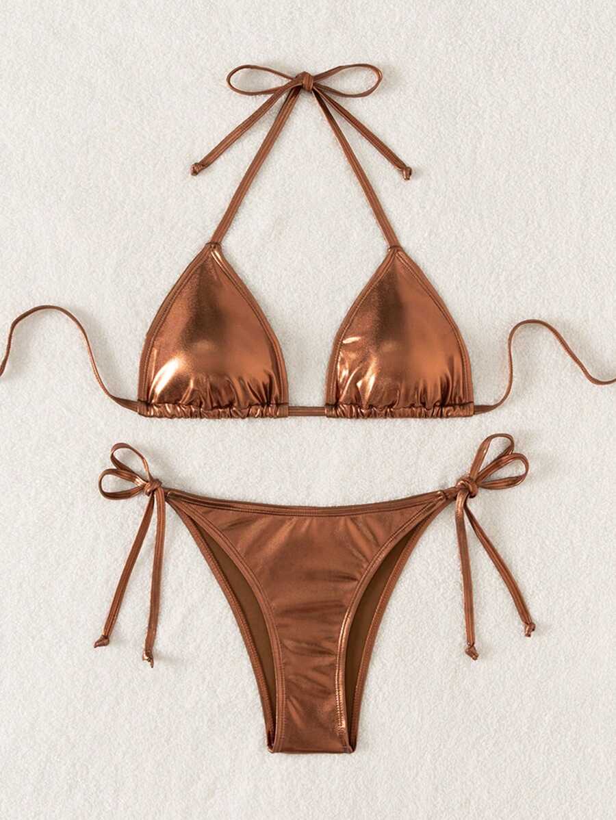 Swim Vcay Summer Beach Metallic Halter Triangle Tie Side Bikini Set