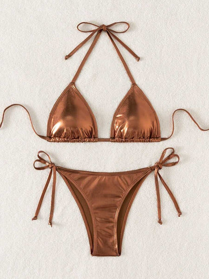 Swim Vcay Summer Beach Metallic Halter Triangle Tie Side Bikini Set