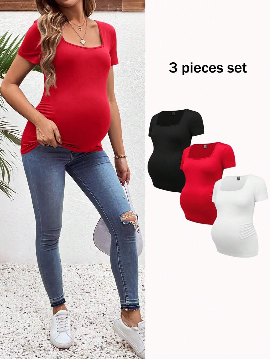 3-Piece Maternity Ribbed Knit Short Sleeve T-Shirt Set - Black White Gray Scoop Neck Fitted Pregnancy Basics
