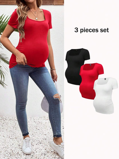 3-Piece Maternity Ribbed Knit Short Sleeve T-Shirt Set - Black White Gray Scoop Neck Fitted Pregnancy Basics