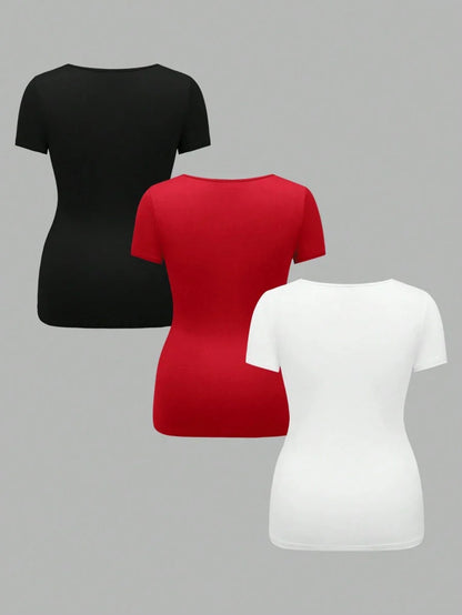 3-Piece Maternity Ribbed Knit Short Sleeve T-Shirt Set - Black White Gray Scoop Neck Fitted Pregnancy Basics