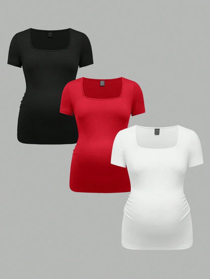 3-Piece Maternity Ribbed Knit Short Sleeve T-Shirt Set - Black White Gray Scoop Neck Fitted Pregnancy Basics
