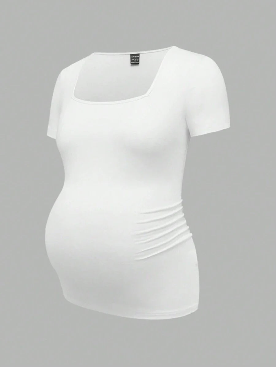 3-Piece Maternity Ribbed Knit Short Sleeve T-Shirt Set - Black White Gray Scoop Neck Fitted Pregnancy Basics