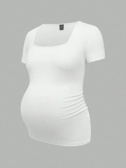 3-Piece Maternity Ribbed Knit Short Sleeve T-Shirt Set - Black White Gray Scoop Neck Fitted Pregnancy Basics