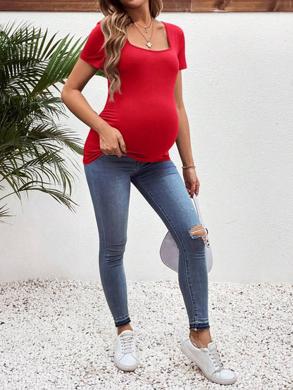 3-Piece Maternity Ribbed Knit Short Sleeve T-Shirt Set - Black White Gray Scoop Neck Fitted Pregnancy Basics