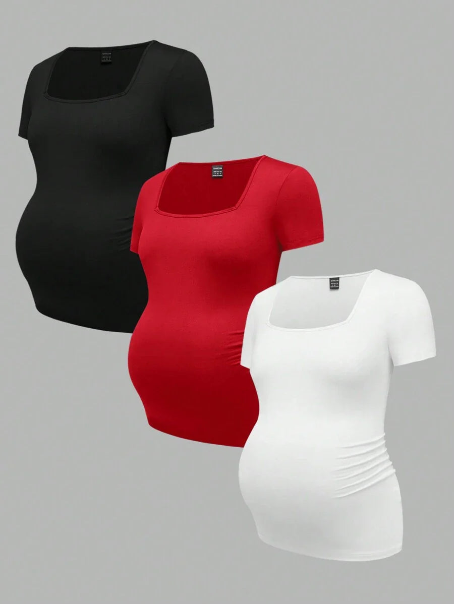 3-Piece Maternity Ribbed Knit Short Sleeve T-Shirt Set - Black White Gray Scoop Neck Fitted Pregnancy Basics