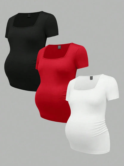 3-Piece Maternity Ribbed Knit Short Sleeve T-Shirt Set - Black White Gray Scoop Neck Fitted Pregnancy Basics