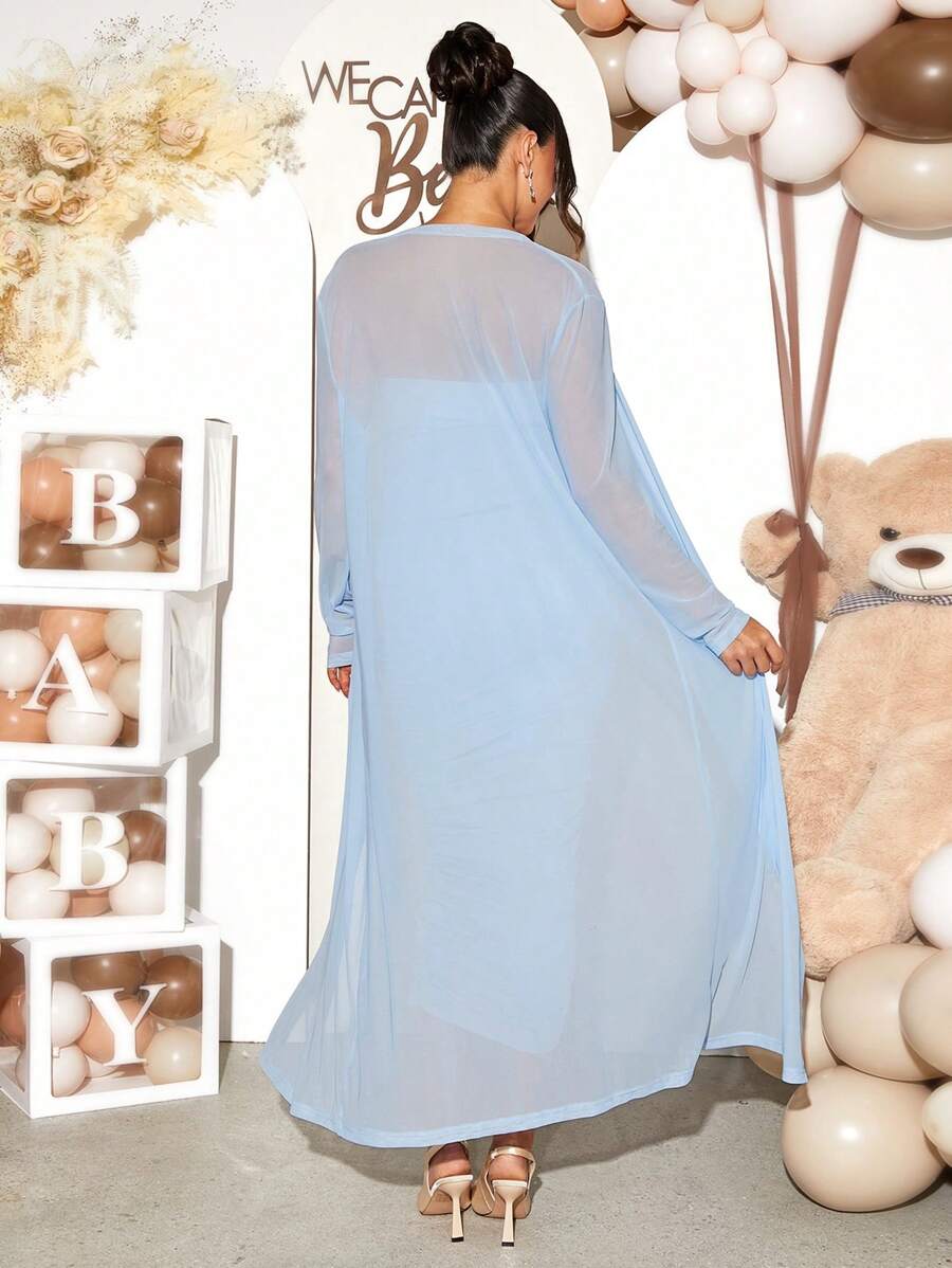 Maternity 2 Piece Set Solid Brown Long Sleeve Long Cardigan and Ruched Camisole Midi Bodycon Dress for Thanksgiving