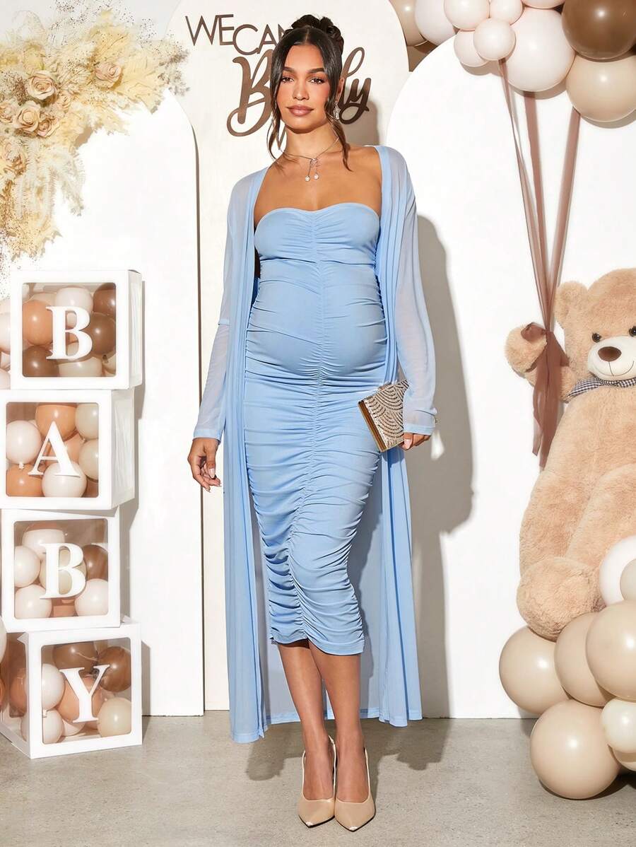 Maternity 2 Piece Set Solid Brown Long Sleeve Long Cardigan and Ruched Camisole Midi Bodycon Dress for Thanksgiving