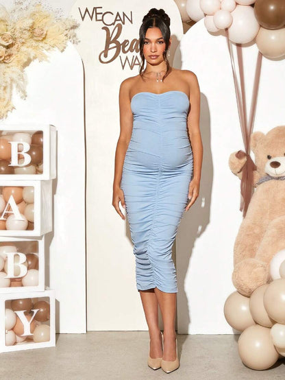 Maternity 2 Piece Set Solid Brown Long Sleeve Long Cardigan and Ruched Camisole Midi Bodycon Dress for Thanksgiving