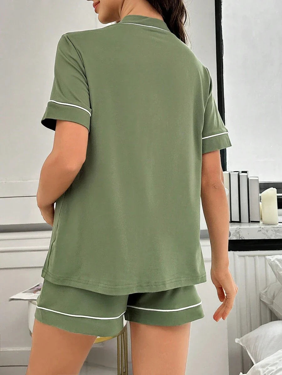 Maternity Lounge Set - Contrast Trim Letter Embroidered Open Front V-Neck Top and High-Waist Shorts 2-Piece Set