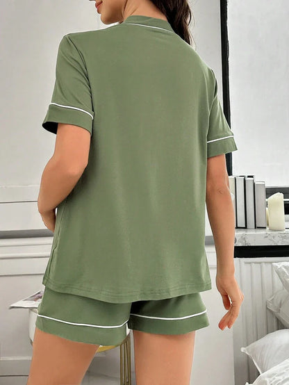 Maternity Lounge Set - Contrast Trim Letter Embroidered Open Front V-Neck Top and High-Waist Shorts 2-Piece Set