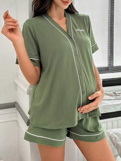 Maternity Lounge Set - Contrast Trim Letter Embroidered Open Front V-Neck Top and High-Waist Shorts 2-Piece Set