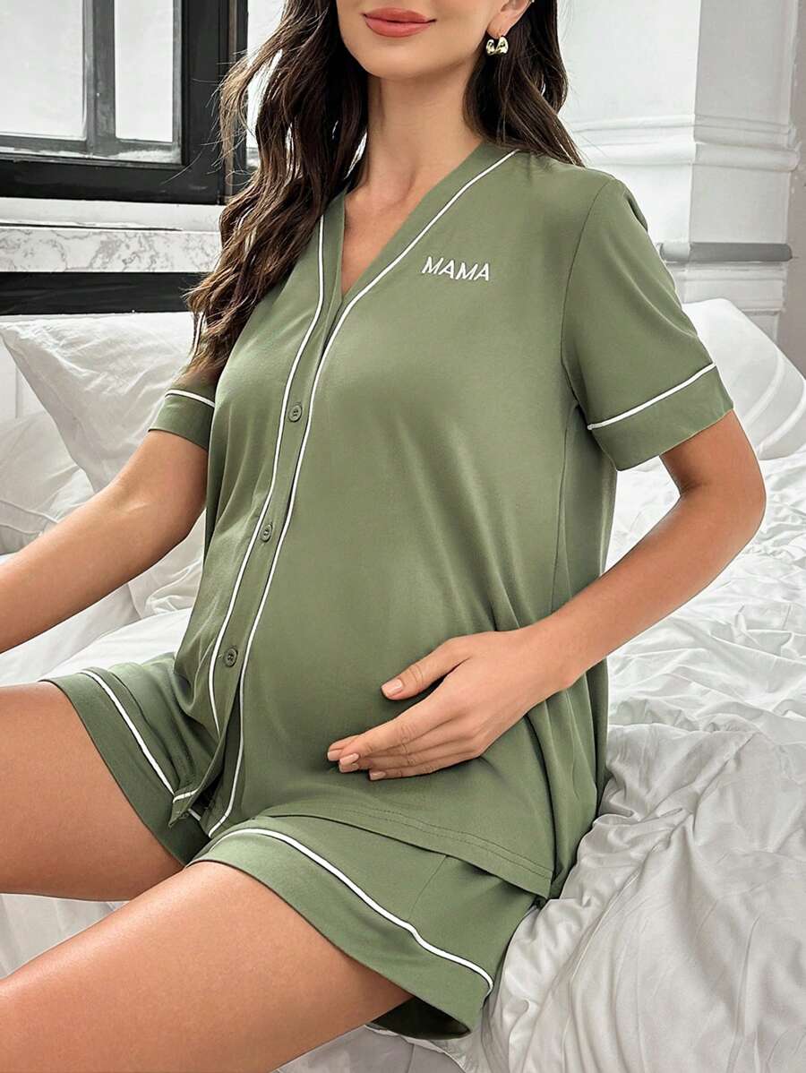 Maternity Lounge Set - Contrast Trim Letter Embroidered Open Front V-Neck Top and High-Waist Shorts 2-Piece Set