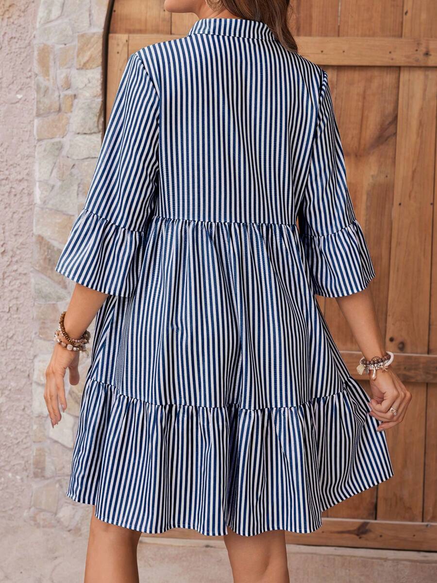 Maternity Striped Smock Dress - Notched Neck, Flounce Sleeve, High Waist, Navy Blue