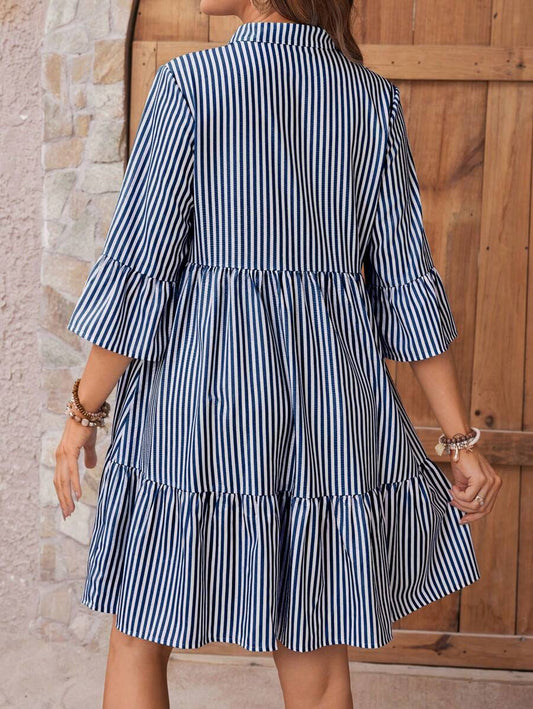 Maternity Striped Smock Dress - Notched Neck, Flounce Sleeve, High Waist, Navy Blue