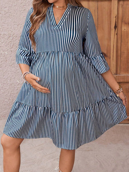Maternity Striped Smock Dress - Notched Neck, Flounce Sleeve, High Waist, Navy Blue
