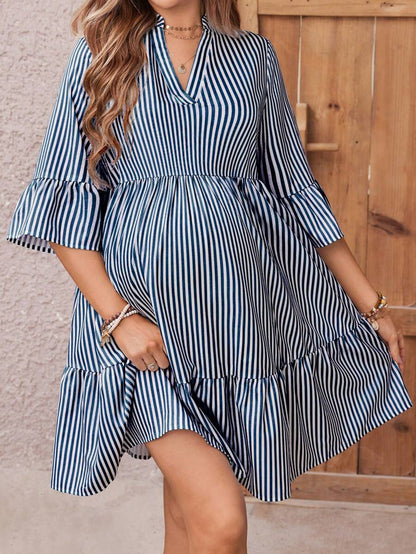 Maternity Striped Smock Dress - Notched Neck, Flounce Sleeve, High Waist, Navy Blue