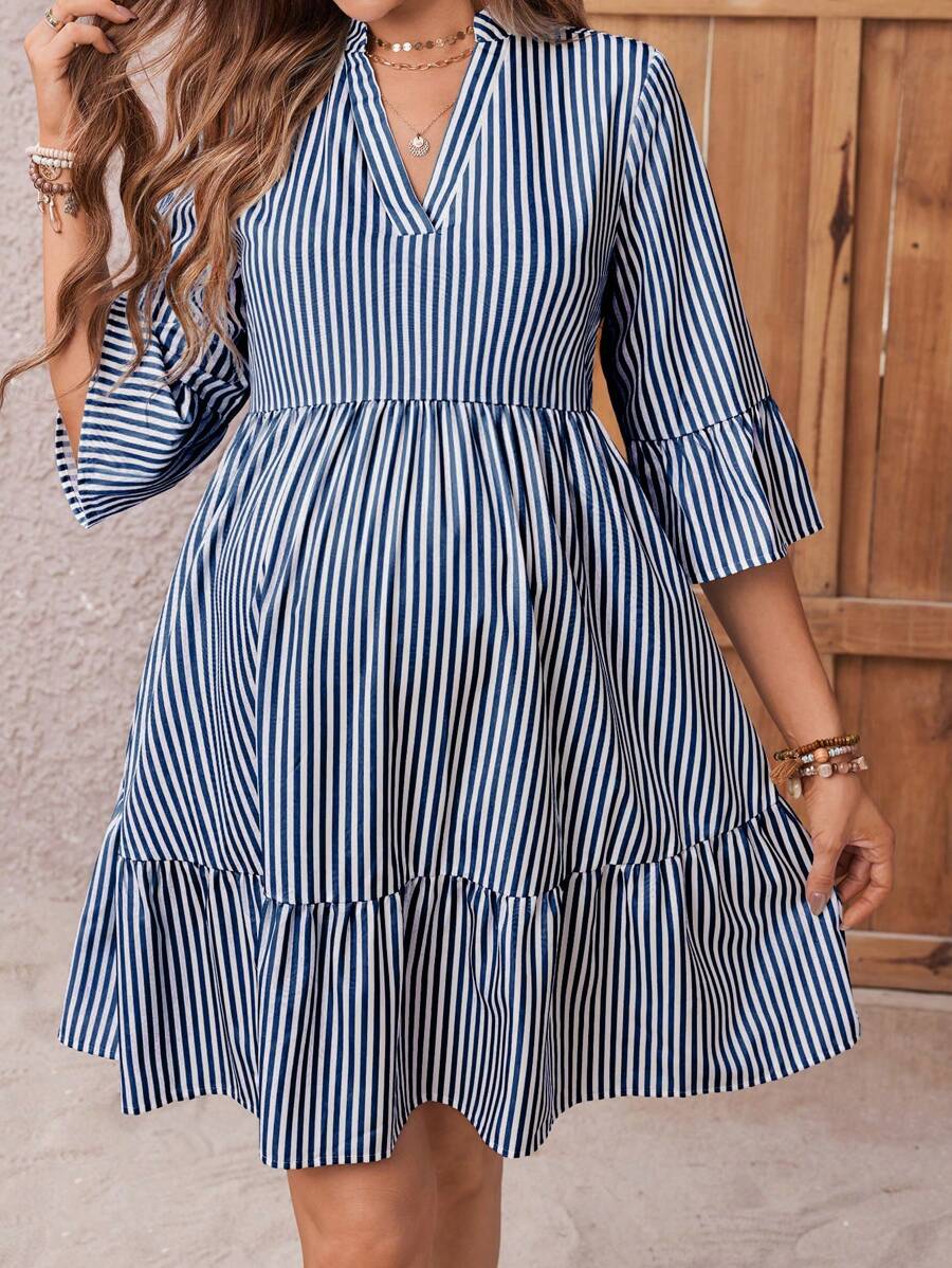 Maternity Striped Smock Dress - Notched Neck, Flounce Sleeve, High Waist, Navy Blue