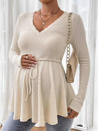 Maternity Khaki Deep V Neck Long Sleeve T-Shirt Loose Fit Belted Flared Hem Knitted Maternity Top for Fall