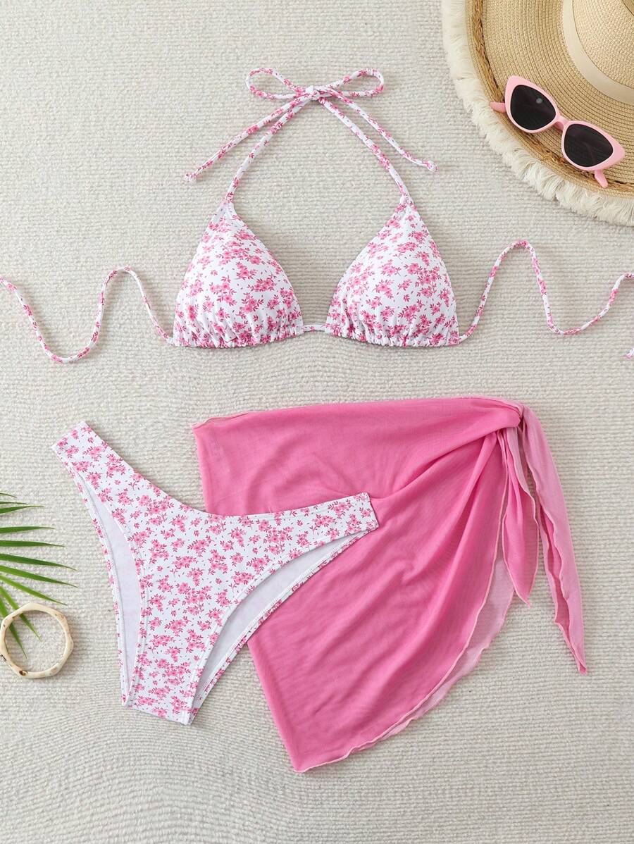 Women's 3-Piece Shell Print Bikini Set - V-Neck Halter, Triangle, Side Tie Skirt, Multicolor