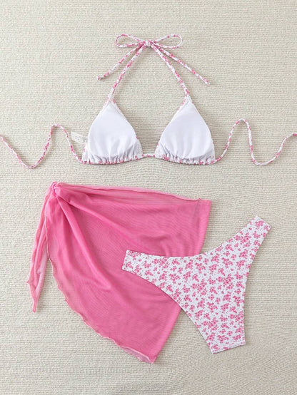 Women's 3-Piece Shell Print Bikini Set - V-Neck Halter, Triangle, Side Tie Skirt, Multicolor