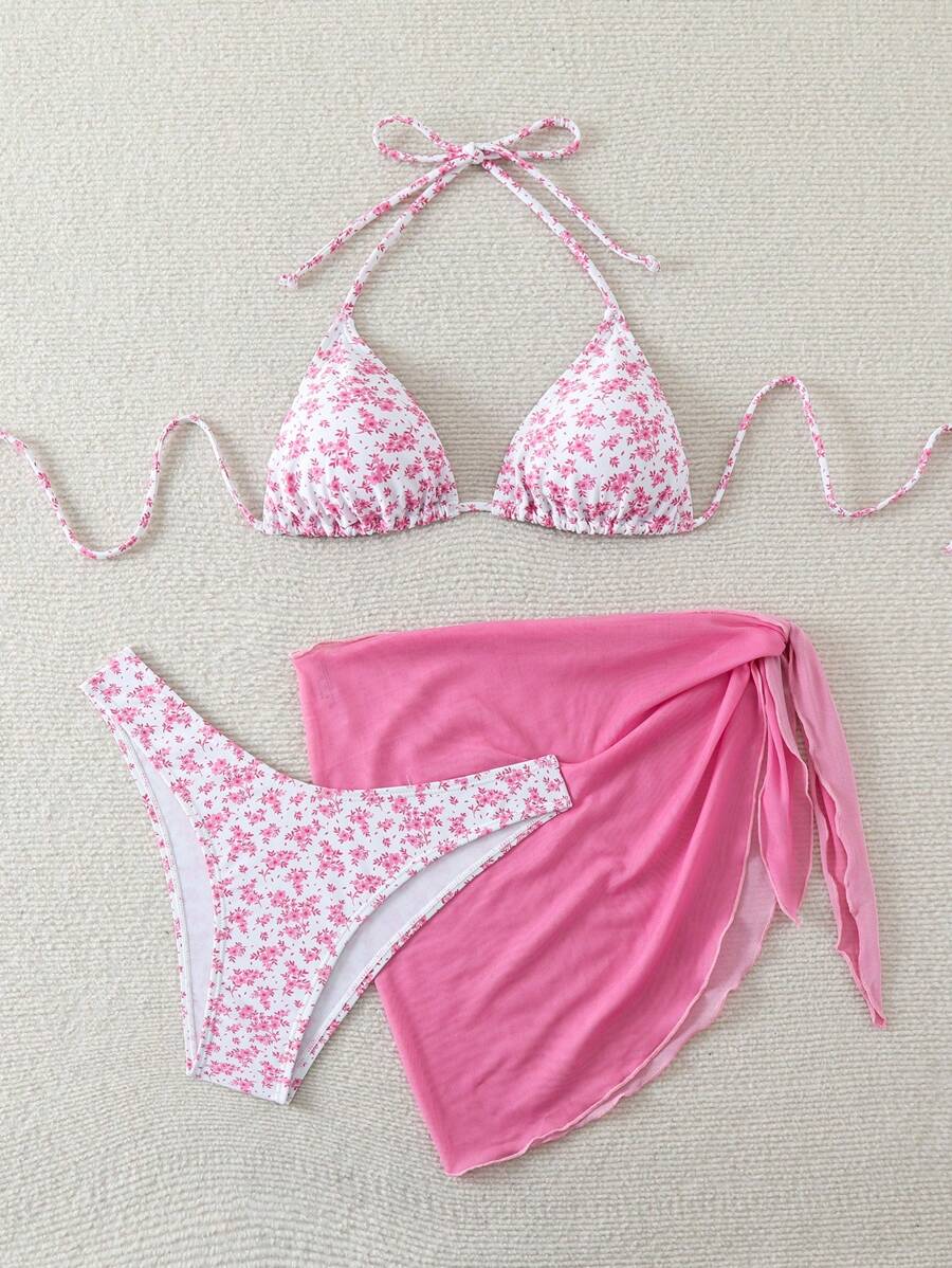 Women's 3-Piece Shell Print Bikini Set - V-Neck Halter, Triangle, Side Tie Skirt, Multicolor