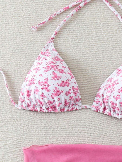 Women's 3-Piece Shell Print Bikini Set - V-Neck Halter, Triangle, Side Tie Skirt, Multicolor