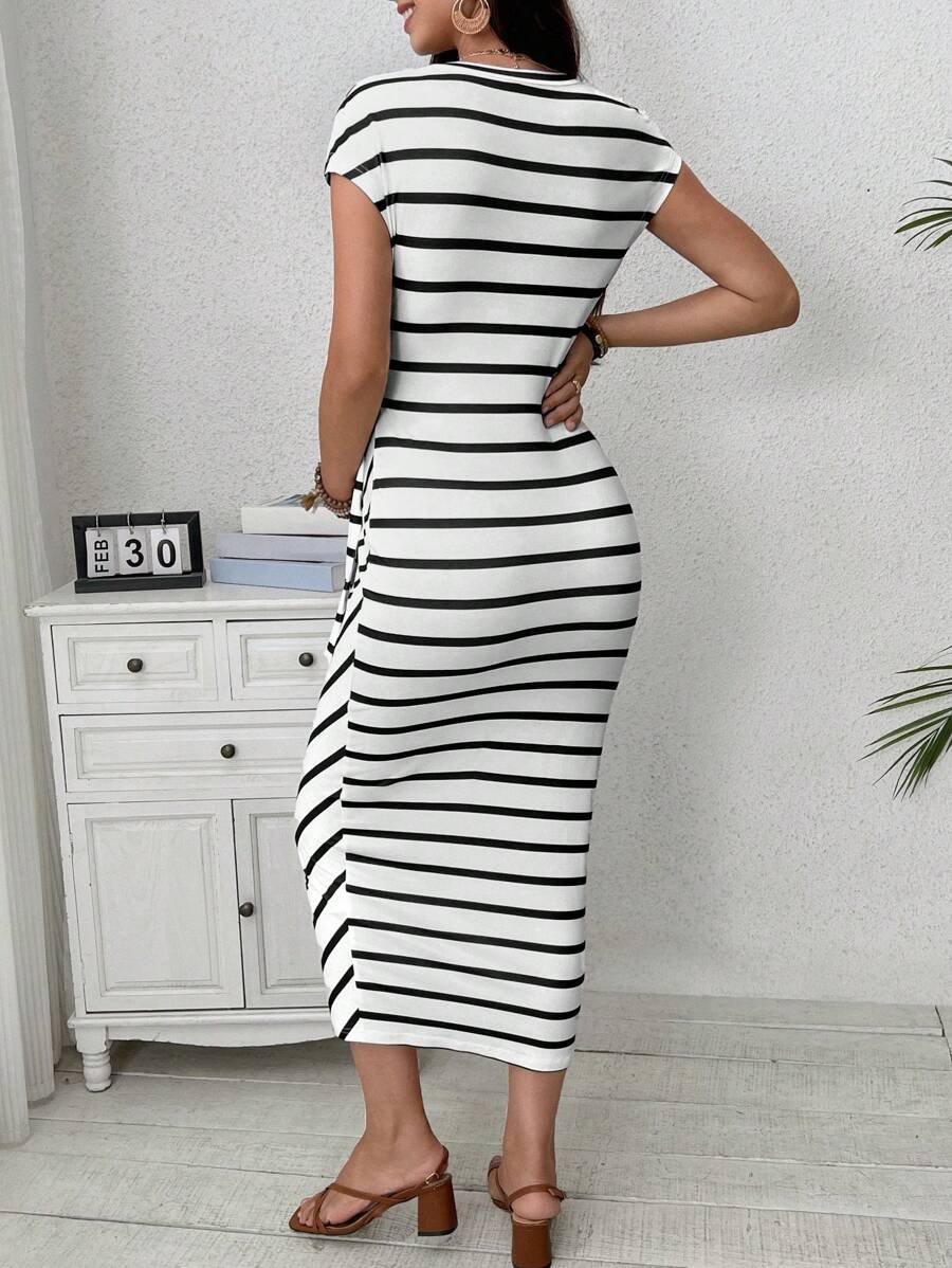 Maternity Striped Cap Sleeve Midi Dress with Side Tie Waist Elegant Round Neck Knitted Pregnancy Bodycon Dress for Daily Wear