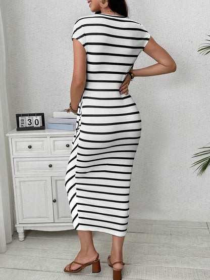 Maternity Striped Cap Sleeve Midi Dress with Side Tie Waist Elegant Round Neck Knitted Pregnancy Bodycon Dress for Daily Wear