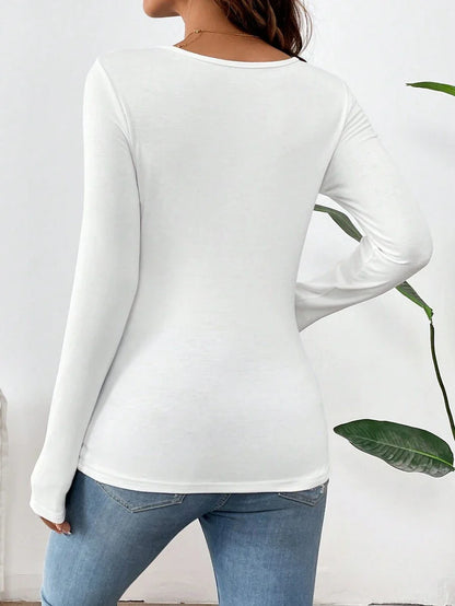 1 pc Maternity Long Sleeve Nursing T-Shirt – Solid Color Round Neck Breastfeeding Top