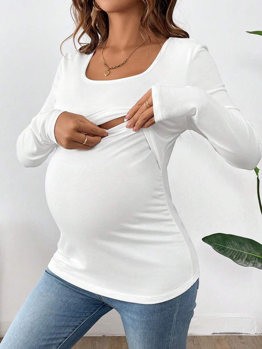 1 pc Maternity Long Sleeve Nursing T-Shirt – Solid Color Round Neck Breastfeeding Top