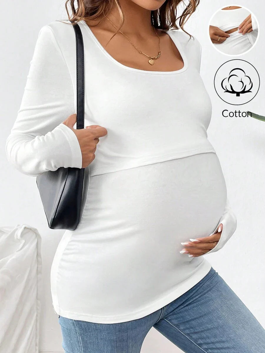 1 pc Maternity Long Sleeve Nursing T-Shirt – Solid Color Round Neck Breastfeeding Top