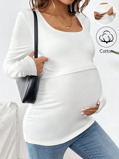 1 pc Maternity Long Sleeve Nursing T-Shirt – Solid Color Round Neck Breastfeeding Top