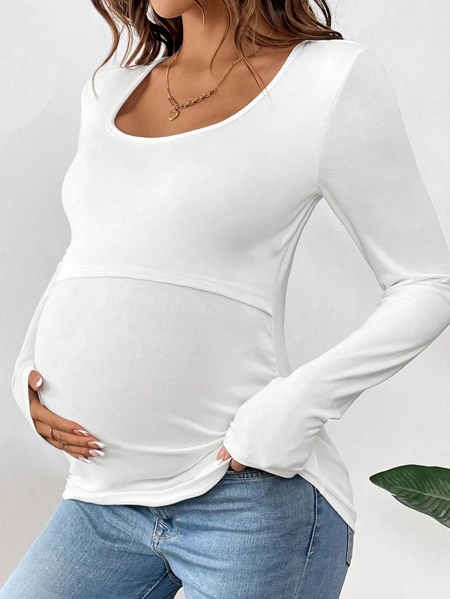 1 pc Maternity Long Sleeve Nursing T-Shirt – Solid Color Round Neck Breastfeeding Top