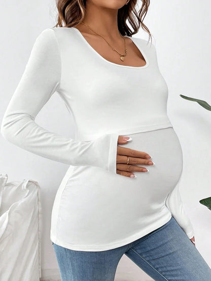 1 pc Maternity Long Sleeve Nursing T-Shirt – Solid Color Round Neck Breastfeeding Top