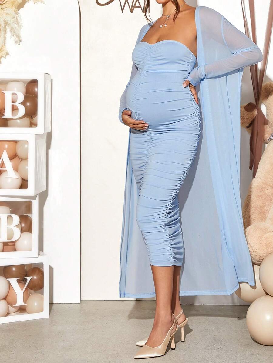 Maternity 2 Piece Set Solid Brown Long Sleeve Long Cardigan and Ruched Camisole Midi Bodycon Dress for Thanksgiving
