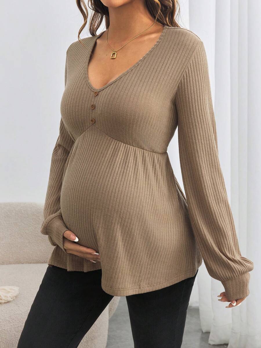Maternity V-Neck Button Down Long Sleeve T-Shirt - Loose Fit Knitted Flared Hem Casual Top