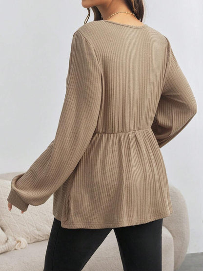 Maternity V-Neck Button Down Long Sleeve T-Shirt - Loose Fit Knitted Flared Hem Casual Top