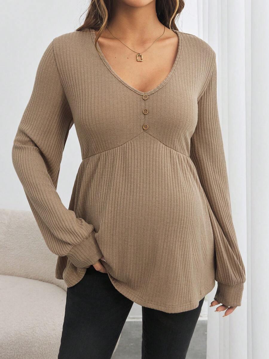Maternity V-Neck Button Down Long Sleeve T-Shirt - Loose Fit Knitted Flared Hem Casual Top
