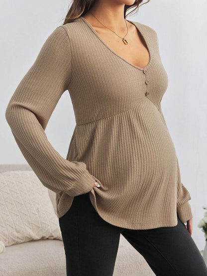 Maternity V-Neck Button Down Long Sleeve T-Shirt - Loose Fit Knitted Flared Hem Casual Top